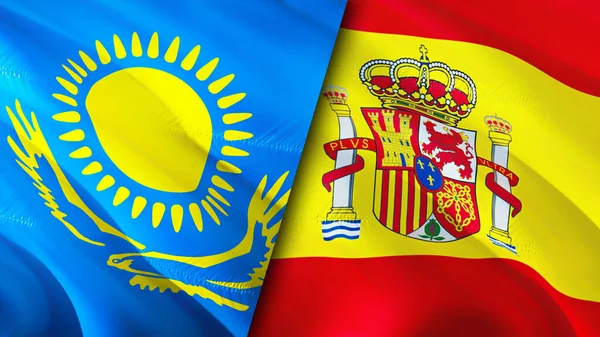 Kazakistan ve İspanya bayrakları. 3 boyutlu dalgalanan bayrak tasarımı. Kazakistan İspanya bayrağı, resim, duvar kağıdı. Kazakistan, İspanya imajına karşı, 3 boyutlu canlandırma. Kazakistan İspanya ilişkileri ittifak ve ticaret, seyahat, turnuva