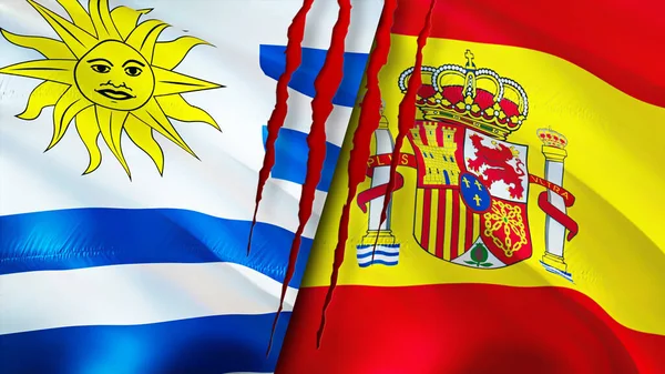 Uruguay and Spain flags with scar concept. Waving flag,3D rendering. Uruguay and Spain conflict concept. Uruguay Spain relations concept. flag of Uruguay and Spain crisis,war, attack concep