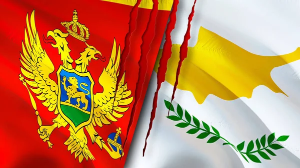 Montenegro and Cyprus flags with scar concept. Waving flag,3D rendering. Montenegro and Cyprus conflict concept. Montenegro Cyprus relations concept. flag of Montenegro and Cyprus crisis,war, attac