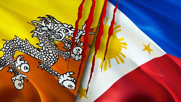 Bhutan and Philippines flags with scar concept. Waving flag,3D rendering. Bhutan and Philippines conflict concept. Bhutan Philippines relations concept. flag of Bhutan and Philippines crisis,war