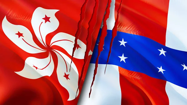 Hong Kong and Netherlands Antilles flags with scar concept. Waving flag,3D rendering. Hong Kong and Netherlands Antilles conflict concept. Hong Kong Netherlands Antilles relations concept. flag o