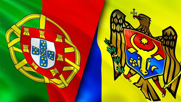 Σημαίες Πορτογαλίας Και Μολδαβίας Σχεδιασμός Τρισδιάστατης Κυματιστή Σημαίας Πορτογαλία Μολδαβία — Φωτογραφία Αρχείου