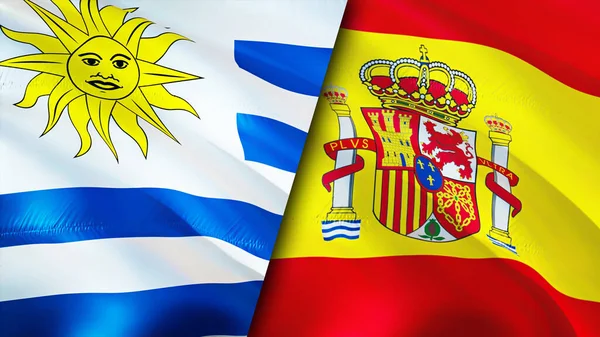 乌拉圭和西班牙的国旗 3D波浪旗帜设计 乌拉圭西班牙国旗 乌拉圭对西班牙的图像 3D渲染 乌拉圭西班牙关系联盟与贸易 — 图库照片