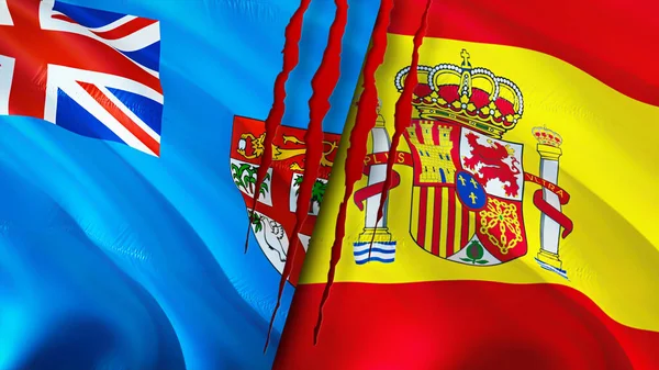 Fiji and Spain flags with scar concept. Waving flag,3D rendering. Fiji and Spain conflict concept. Fiji Spain relations concept. flag of Fiji and Spain crisis,war, attack concep