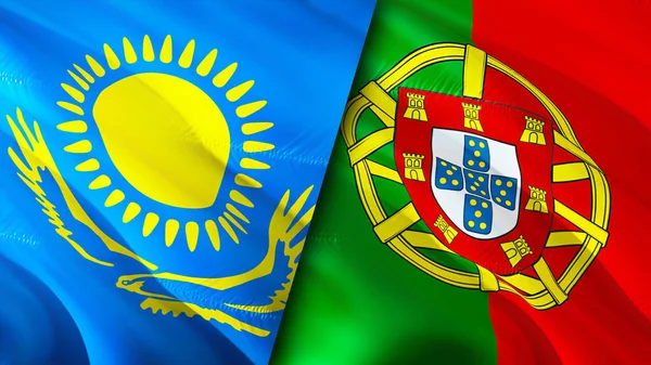 Kazakhstan and Portugal flags. 3D Waving flag design. Kazakhstan Portugal flag, picture, wallpaper. Kazakhstan vs Portugal image,3D rendering. Kazakhstan Portugal relations alliance an