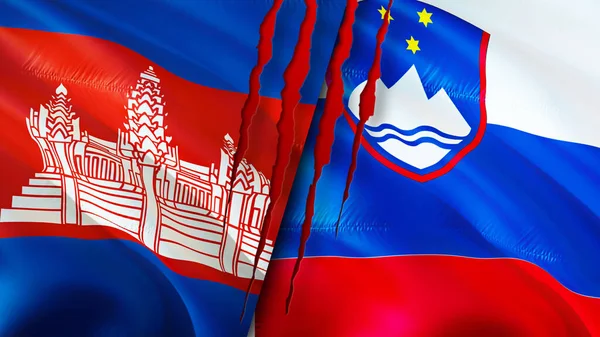 Cambodia and Slovenia flags with scar concept. Waving flag,3D rendering. Cambodia and Slovenia conflict concept. Cambodia Slovenia relations concept. flag of Cambodia and Slovenia crisis,war, attac