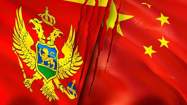 Montenegro and China flags with scar concept. Waving flag,3D rendering. Montenegro and China conflict concept. Montenegro China relations concept. flag of Montenegro and China crisis,war, attac