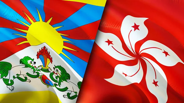 Tibet and Hong Kong flags with scar concept. Waving flag,3D rendering. Tibet and Hong Kong conflict concept. Tibet Hong Kong relations concept. flag of Tibet and Hong Kong crisis,war, attack concep