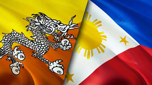 Bhutan and Philippines flags. 3D Waving flag design. Bhutan Philippines flag, picture, wallpaper. Bhutan vs Philippines image,3D rendering. Bhutan Philippines relations alliance an