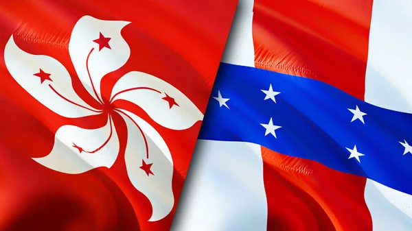 Hong Kong and Netherlands Antilles flags. 3D Waving flag design. Hong Kong Netherlands Antilles flag, picture, wallpaper. Hong Kong vs Netherlands Antilles image,3D rendering. Hong Kong Netherland