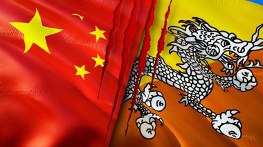 Yara izi olan Çin ve Butan bayrakları. Dalgalanan bayrak, 3 boyutlu görüntüleme. Çin ve Bhutan çatışma konsepti. Çin Bhutan ilişkileri kavramı. Çin bayrağı ve Butan krizi, savaş, saldırı konsepti