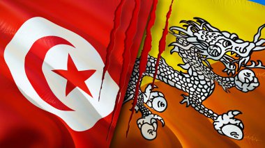 Tunus ve Bhutan bayrakları yara izi konseptiyle. Dalgalanan bayrak, 3 boyutlu görüntüleme. Tunus ve Bhutan çatışma konsepti. Tunus Bhutan ilişkileri kavramı. Tunus bayrağı ve Butan krizi, savaş, saldırı konsepti