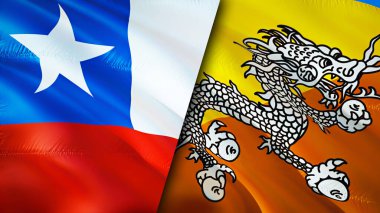 Şili ve Butan bayrakları. 3 boyutlu dalgalanan bayrak tasarımı. Şili Bhutan bayrağı, resim, duvar kağıdı. Şili vs Bhutan imajı, 3D görüntüleme. Şili Bhutan ilişkileri ittifak ve ticaret, seyahat, turizm konsepti