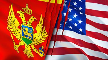 Yara izi kavramına sahip Karadağ ve ABD bayrakları. Dalgalanan bayrak, 3 boyutlu görüntüleme. Karadağ ve ABD ihtilaf kavramı. Karadağ ABD ilişkileri kavramı. Karadağ ve ABD 'nin bayrağı kriz, savaş, saldırı konsepti