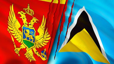 Karadağ ve Saint Lucia yara izi kavramına sahip bayraklar. Dalgalanan bayrak, 3 boyutlu görüntüleme. Karadağ ve Saint Lucia ihtilaf kavramı. Karadağ Saint Lucia ilişkileri kavramı. Karadağ ve Sain bayrağı