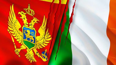 Yara izi olan Karadağ ve İrlanda bayrakları. Dalgalanan bayrak, 3 boyutlu görüntüleme. Karadağ ve İrlanda ihtilaf kavramı. Karadağ İrlanda ilişkileri kavramı. Karadağ bayrağı ve İrlanda krizi, savaş