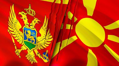 Karadağ ve Kuzey Makedonya yara izi kavramına sahip. Dalgalanan bayrak, 3 boyutlu görüntüleme. Karadağ ve Kuzey Makedonya ihtilaf kavramı. Karadağ Kuzey Makedonya ilişkileri kavramı. Montenegr bayrağı
