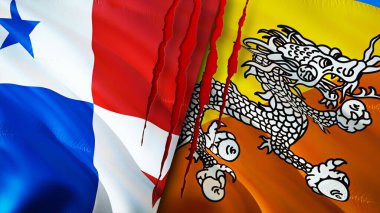 Panama ve Bhutan bayraklarında yara izi var. Dalgalanan bayrak, 3 boyutlu görüntüleme. Panama ve Butan çatışma konsepti. Panama Butan ilişkileri kavramı. Panama ve Butan bayrağı krizi, savaş, saldırı konsepti