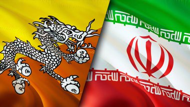 Butan ve İran bayrakları. 3 boyutlu dalgalanan bayrak tasarımı. Bhutan İran bayrağı, resim, duvar kağıdı. Bhutan, İran imajına karşı, 3D görüntüleme. Butan İran ilişkileri ittifak ve ticaret, seyahat, turizm konsepti