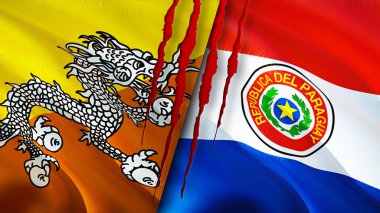 Bhutan ve Paraguay bayrakları ve yara izi konsepti. Dalgalanan bayrak, 3 boyutlu görüntüleme. Bhutan ve Paraguay çatışma konsepti. Bhutan Paraguay ilişkileri kavramı. Bhutan ve Paraguay bayrağı krizi, savaş, saldırı konsepti