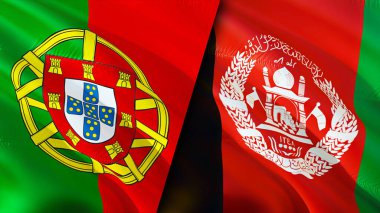 Portekiz ve Afganistan bayrakları. 3 boyutlu dalgalanan bayrak tasarımı. Portekiz Afganistan bayrağı, resim, duvar kağıdı. Portekiz, Afganistan 'a karşı, görüntü 3 boyutlu. Portekiz-Afganistan ilişkileri