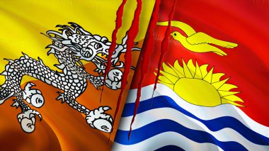 Bhutan ve Kiribati yara izi olan bayraklar. Dalgalanan bayrak, 3 boyutlu görüntüleme. Bhutan ve Kiribati çatışma konsepti. Bhutan Kiribati ilişkileri kavramı. Bhutan bayrağı ve Kiribati krizi, savaş, saldırı konsepti