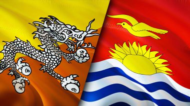 Bhutan ve Kiribati bayrakları. 3 boyutlu dalgalanan bayrak tasarımı. Butan Kiribati bayrağı, resim, duvar kağıdı. Bhutan Kiribati 'ye karşı, görüntü 3 boyutlu. Bhutan Kiribati ilişkileri ittifak ve ticaret, seyahat, turizm konsepti