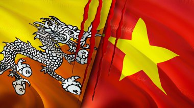 Bhutan ve Vietnam bayrakları ve yara izi konsepti. Dalgalanan bayrak, 3 boyutlu görüntüleme. Butan ve Vietnam çatışması konsepti. Butan Vietnam ilişkileri kavramı. Bhutan bayrağı ve Vietnam krizi, savaş, saldırı konsepti