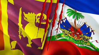 Yara izi olan Sri Lanka ve Haiti bayrakları. Dalgalanan bayrak, 3 boyutlu görüntüleme. Sri Lanka ve Haiti çatışma konsepti. Sri Lanka Haiti ilişkileri kavramı. Sri Lanka bayrağı ve Haiti krizi, savaş, saldırı konsepti