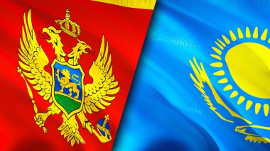 Karadağ ve Kazakistan bayrakları. 3 boyutlu dalgalanan bayrak tasarımı. Karadağ Kazakistan bayrağı, resmi, duvar kağıdı. Karadağ Kazakistan 'a karşı, görüntü 3 boyutlu. Karadağ Kazakistan 'ın ilişkileri bir ittifak