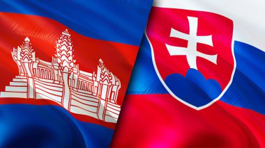 Kamboçya ve Slovakya bayrakları. 3 boyutlu dalgalanan bayrak tasarımı. Kamboçya Slovakya bayrağı, resim, duvar kağıdı. Kamboçya, Slovakya 'ya karşı. Görüntü 3 boyutlu. Kamboçya Slovakya ilişkileri ittifak ve ticaret, seyahat, turnuva