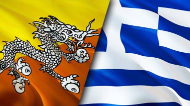 Butan ve Yunanistan bayrakları. 3 boyutlu dalgalanan bayrak tasarımı. Butan Yunanistan bayrağı, resim, duvar kağıdı. Bhutan Yunanistan 'a karşı, görüntü 3D. Butan Yunanistan ilişkileri ittifak ve ticaret, seyahat, turizm konsepti