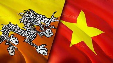 Butan ve Vietnam bayrakları. 3 boyutlu dalgalanan bayrak tasarımı. Bhutan Vietnam bayrağı, resim, duvar kağıdı. Bhutan, Vietnam görüntüsüne karşı, 3 boyutlu canlandırma. Bhutan Vietnam ilişkileri ittifak ve ticaret, seyahat, turizm konsepti