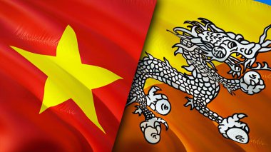 Vietnam ve Bhutan bayrakları yara izi konseptiyle. Dalgalanan bayrak, 3 boyutlu görüntüleme. Vietnam ve Butan çatışma konsepti. Vietnam Bhutan ilişkileri kavramı. Vietnam bayrağı ve Butan krizi, savaş, saldırı konsepti