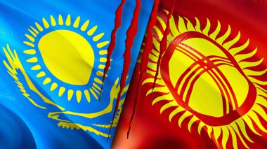 Kazakistan ve Kırgızistan bayraklarında yara izi var. Dalgalanan bayrak, 3 boyutlu görüntüleme. Kazakistan ve Kırgızistan çatışma konsepti. Kazakistan Kırgızistan ilişkileri kavramı. Kazakistan ve Kırgızistan bayrağı