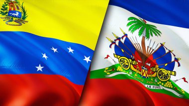 Venezuela ve Haiti bayrakları. 3 boyutlu dalgalanan bayrak tasarımı. Venezuela Haiti bayrağı, resim, duvar kağıdı. Venezuela, Haiti 'ye karşı, görüntü 3 boyutlu. Venezuela Haiti ilişkileri ittifak ve ticaret, seyahat, turizm konsepti