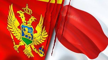 Karadağ ve Japonya yara izi kavramına sahip bayraklar. Dalgalanan bayrak, 3 boyutlu görüntüleme. Karadağ ve Japonya ihtilaf kavramı. Karadağ Japonya ilişkileri kavramı. Karadağ bayrağı ve Japonya krizi, savaş, attac