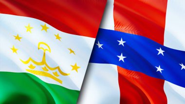 Tacikistan ve Hollanda Antilleri bayrakları. 3 boyutlu dalgalanan bayrak tasarımı. Tacikistan Hollanda Antilleri bayrağı, resim, duvar kağıdı. Tacikistan, Hollanda Antilleri 'ne karşı. Görüntü 3D. Tajikista