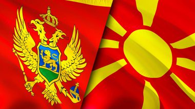 Karadağ ve Kuzey Makedonya bayrakları. 3 boyutlu dalgalanan bayrak tasarımı. Karadağ Kuzey Makedonya bayrağı, resmi, duvar kağıdı. Karadağ, Kuzey Makedonya 'ya karşı, görüntü 3D. Karadağ Kuzey Makedonu