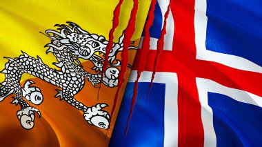 Bhutan ve İzlanda yara izi olan bayraklar. Dalgalanan bayrak, 3 boyutlu görüntüleme. Butan ve İzlanda çatışma konsepti. Butan İzlanda ilişkileri kavramı. Bhutan bayrağı ve İzlanda krizi, savaş, saldırı konsepti