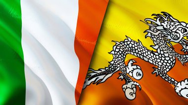 İrlanda ve Butan bayrakları. 3 boyutlu dalgalanan bayrak tasarımı. İrlanda Bhutan bayrağı, resim, duvar kağıdı. İrlanda, Bhutan imajına karşı, 3D görüntüleme. İrlanda Bhutan ilişkileri savaş ittifakı kavramı. Ticaret, turizm konsepti