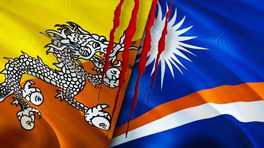 Bhutan ve Marshall Adaları yara izi olan bayraklar. Dalgalanan bayrak, 3 boyutlu görüntüleme. Butan ve Marshall Adaları çatışma konsepti. Butan Marshall Adaları ilişkileri kavramı. Bhutan ve Mareşal bayrağı