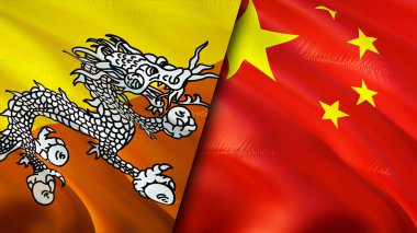 Bhutan ve Çin bayrakları. 3 boyutlu dalgalanan bayrak tasarımı. Bhutan Çin bayrağı, resim, duvar kağıdı. Bhutan, Çin imajına karşı, 3D görüntüleme. Bhutan Çin ilişkileri ittifak ve ticaret, seyahat, turizm konsepti