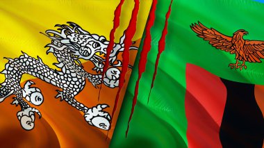 Bhutan ve Zambiya yara izi olan bayraklar. Dalgalanan bayrak, 3 boyutlu görüntüleme. Butan ve Zambiya çatışması konsepti. Butan Zambiya ilişkileri kavramı. Bhutan ve Zambiya bayrağı krizi, savaş, saldırı konsepti