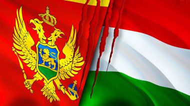 Yara izi olan Karadağ ve Macaristan bayrakları. Dalgalanan bayrak, 3 boyutlu görüntüleme. Karadağ ve Macaristan ihtilaf kavramı. Karadağ Macaristan ilişkileri kavramı. Karadağ ve Macaristan 'ın bayrağı kriz ve savaş