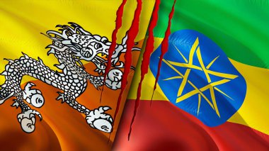 Bhutan ve Etiyopya yara izi olan bayraklar. Dalgalanan bayrak, 3 boyutlu görüntüleme. Butan ve Etiyopya çatışma konsepti. Butan Etiyopya ilişkileri kavramı. Bhutan bayrağı ve Etiyopya krizi, savaş, saldırı konsepti