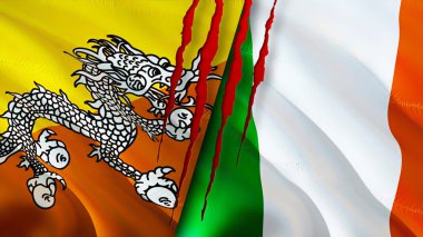 Bhutan ve İrlanda bayrakları yara izi konseptiyle. Dalgalanan bayrak, 3 boyutlu görüntüleme. Butan ve İrlanda çatışma konsepti. Butan İrlanda ilişkileri kavramı. Bhutan ve İrlanda bayrağı krizi, savaş, saldırı konsepti