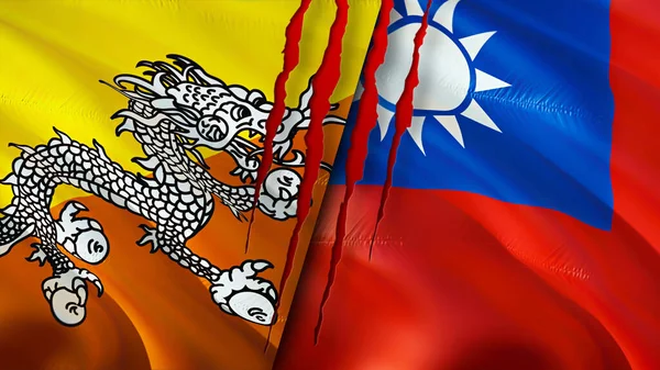 Bhutan and Taiwan flags with scar concept. Waving flag,3D rendering. Bhutan and Taiwan conflict concept. Bhutan Taiwan relations concept. flag of Bhutan and Taiwan crisis,war, attack concep