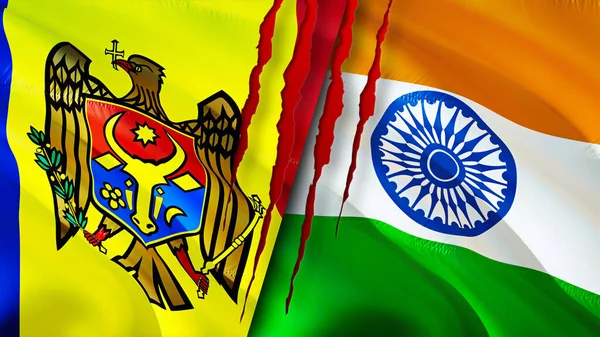 Moldova and India flags with scar concept. Waving flag,3D rendering. Moldova and India conflict concept. Moldova India relations concept. flag of Moldova and India crisis,war, attack concep