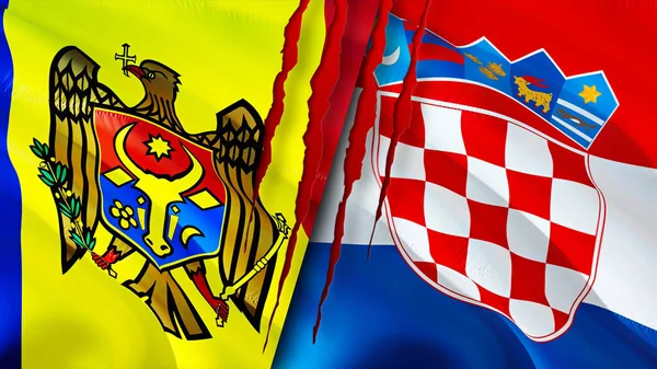 Moldova and Croatia flags with scar concept. Waving flag,3D rendering. Moldova and Croatia conflict concept. Moldova Croatia relations concept. flag of Moldova and Croatia crisis,war, attack concep